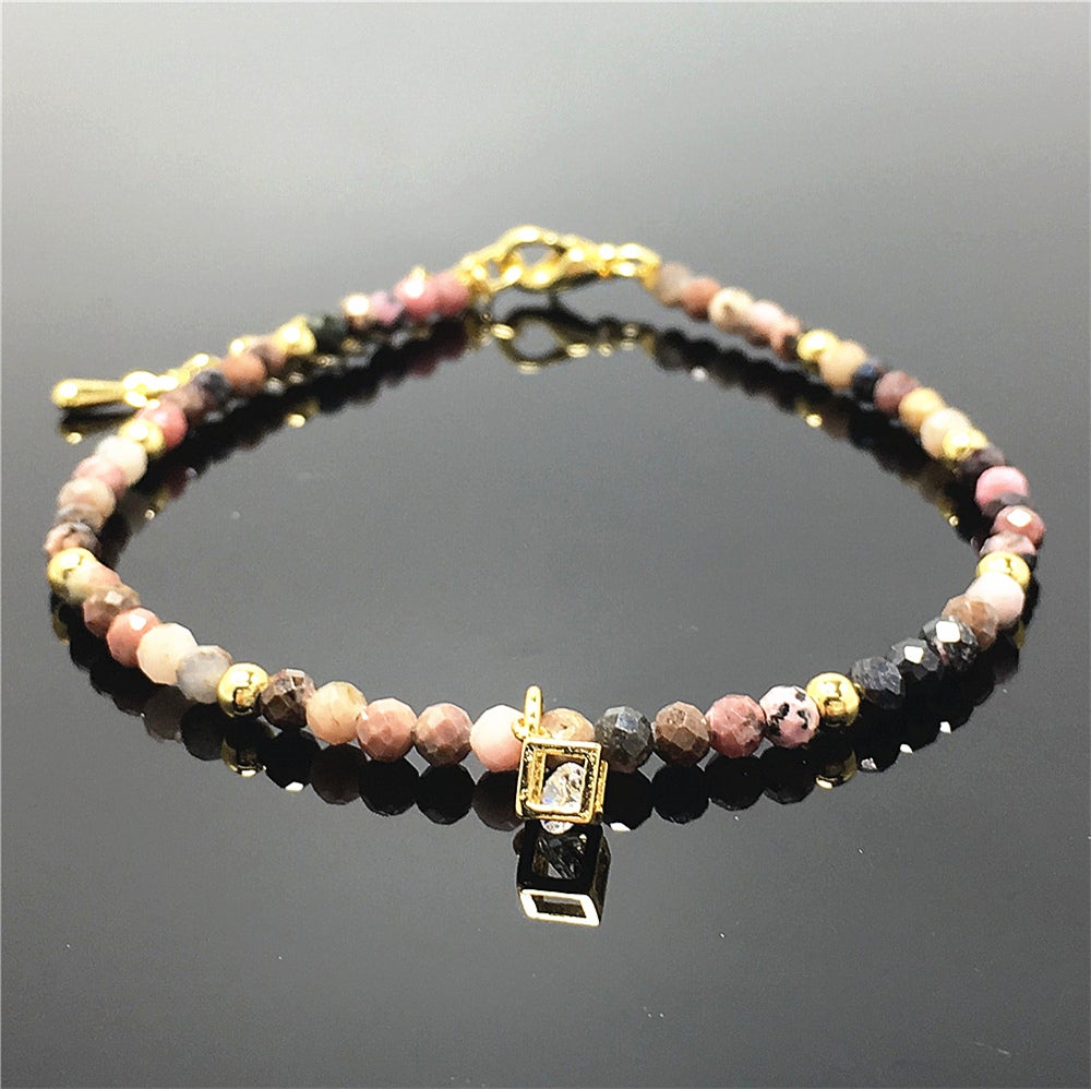 Pink Rhodonite Gemstone with Rhinestone Cubic Charm Adjustable Tiny Gemstone Beads Bracelet