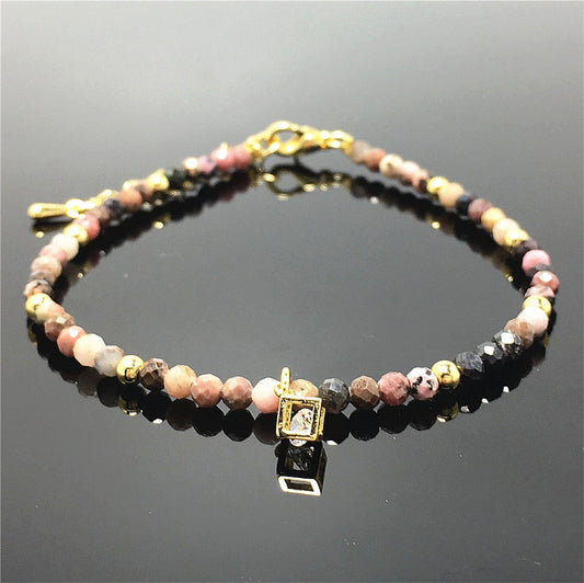 Pink Rhodonite Gemstone with Rhinestone Cubic Charm Adjustable Tiny Gemstone Beads Bracelet