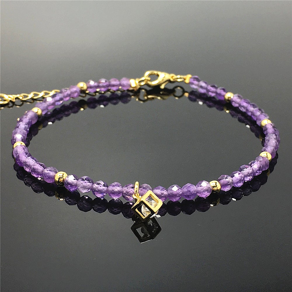 Amethyst Gemstone with Rhinestone Charm Adjustable Beaded Bracelet