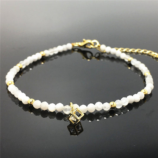 Moonstone Gemstone with Rhinestone Cubic Charm Adjustable Tiny Gemstone Beads Bracelet