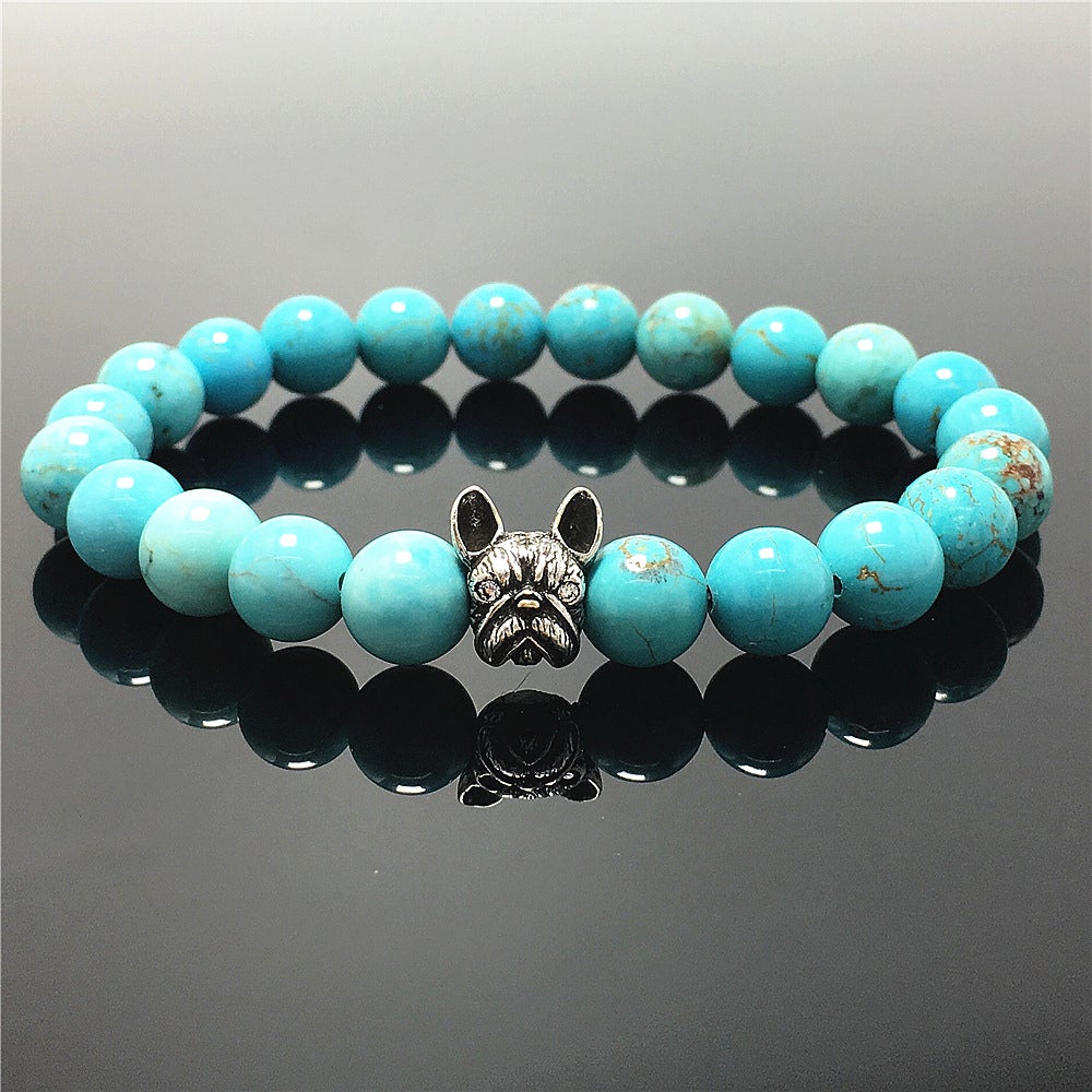 French Bulldog Bracelet For Men Women Natural Blue Turqouise Beaded Jewelry