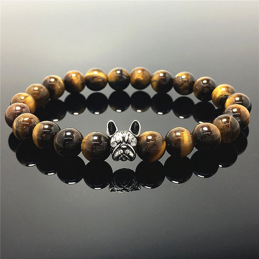 Natural Matte Onyx Gemstone with Wolf Charm Spacer Bracelets Elastic Stretch BraceletNatural Tiger Eyes Beaded Bracelet Jewelry French Bulldog Bracelet For Men Women