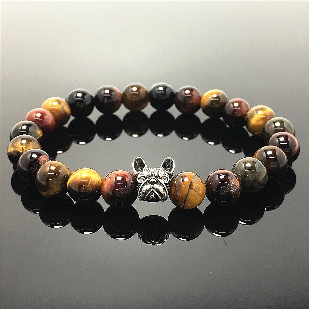 Natural Colorful Tiger Eye Beaded Bracelet Jewelry French Bulldog Bracelet For Men Women