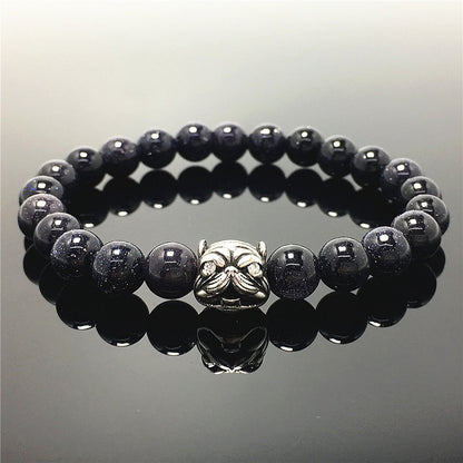 Natural Blue Sandstone Beaded Gemstone Bracelet American Bully Pitbull Charm Jewelry