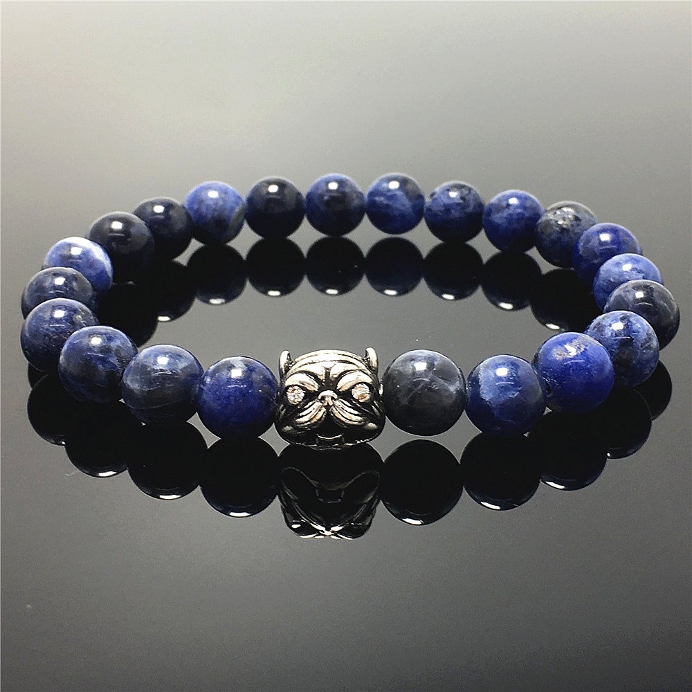 Natural Blue Sodalite Beaded Gemstone Bracelet American Bully Pitbull Charm Jewelry