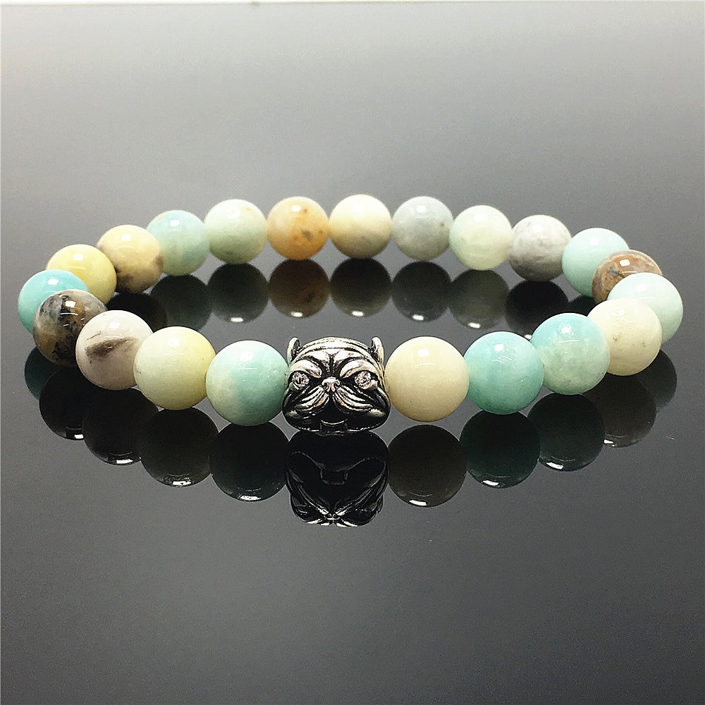 Natural Amazonite Beaded Gemstone Bracelet American Bully Pitbull Charm Jewelry