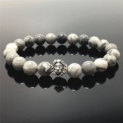 Natural Map Stone Beaded Bracelet Elastic Adjustable Gemstone Bracelet Lion Style