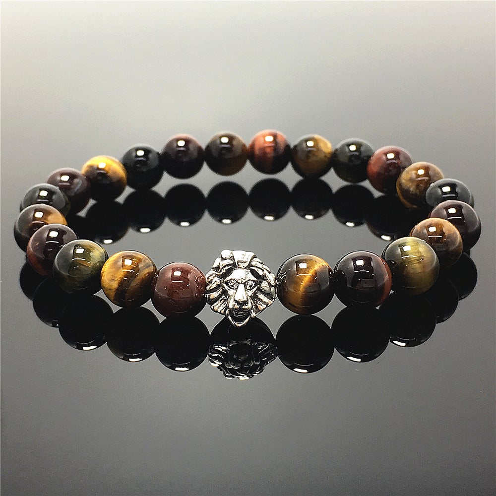 Natural Colorful Tiger Eyes Beaded Bracelet Elastic Adjustable Gemstone Bracelet Lion Style