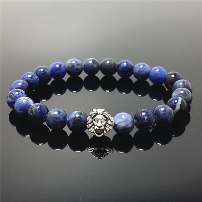Natural Blue Sodalite Beaded Bracelet Elastic Adjustable Gemstone Bracelet Lion Style