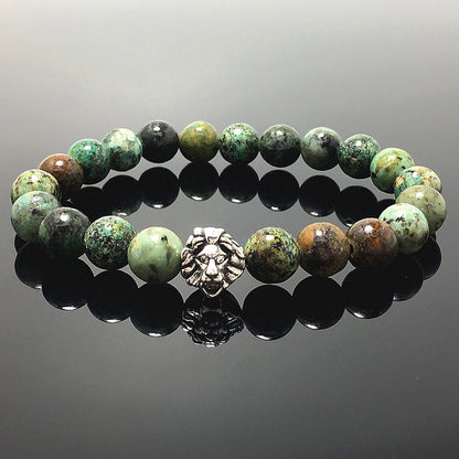 Natural African Turquoise Beaded Bracelet Elastic Adjustable Gemstone Bracelet Lion Style