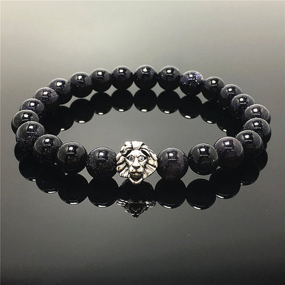 Blue Sandstone Beaded Bracelet Elastic Adjustable Gemstone Bracelet Lion Style