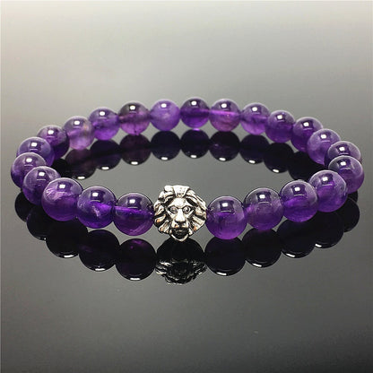 Natural Amethyst Beaded Bracelet Elastic Adjustable Gemstone Bracelet Lion Style