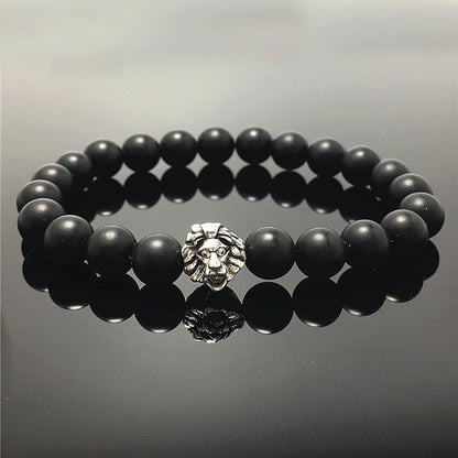 Natural Matte Onyx Beaded Bracelet Elastic Adjustable Gemstone Bracelet Lion Style