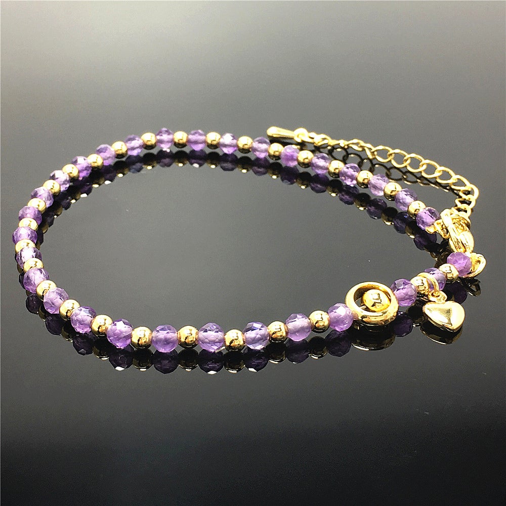Amethyst Gemstone Adjustable Bracelet Tiny Beads Gemstone Bracelet with Love Heart Charm