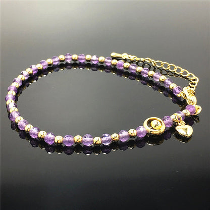 Amethyst Gemstone Adjustable Bracelet Tiny Beads Gemstone Bracelet with Love Heart Charm