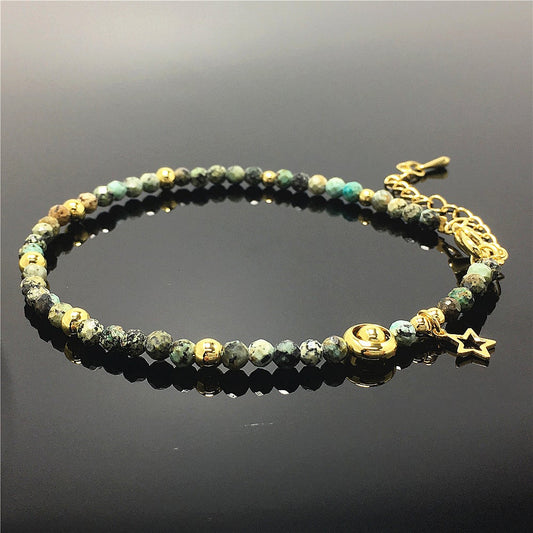 African Turquoise Gemstone Adjustable Tiny Beads Gemstone Bracelet with Love Heart Charm
