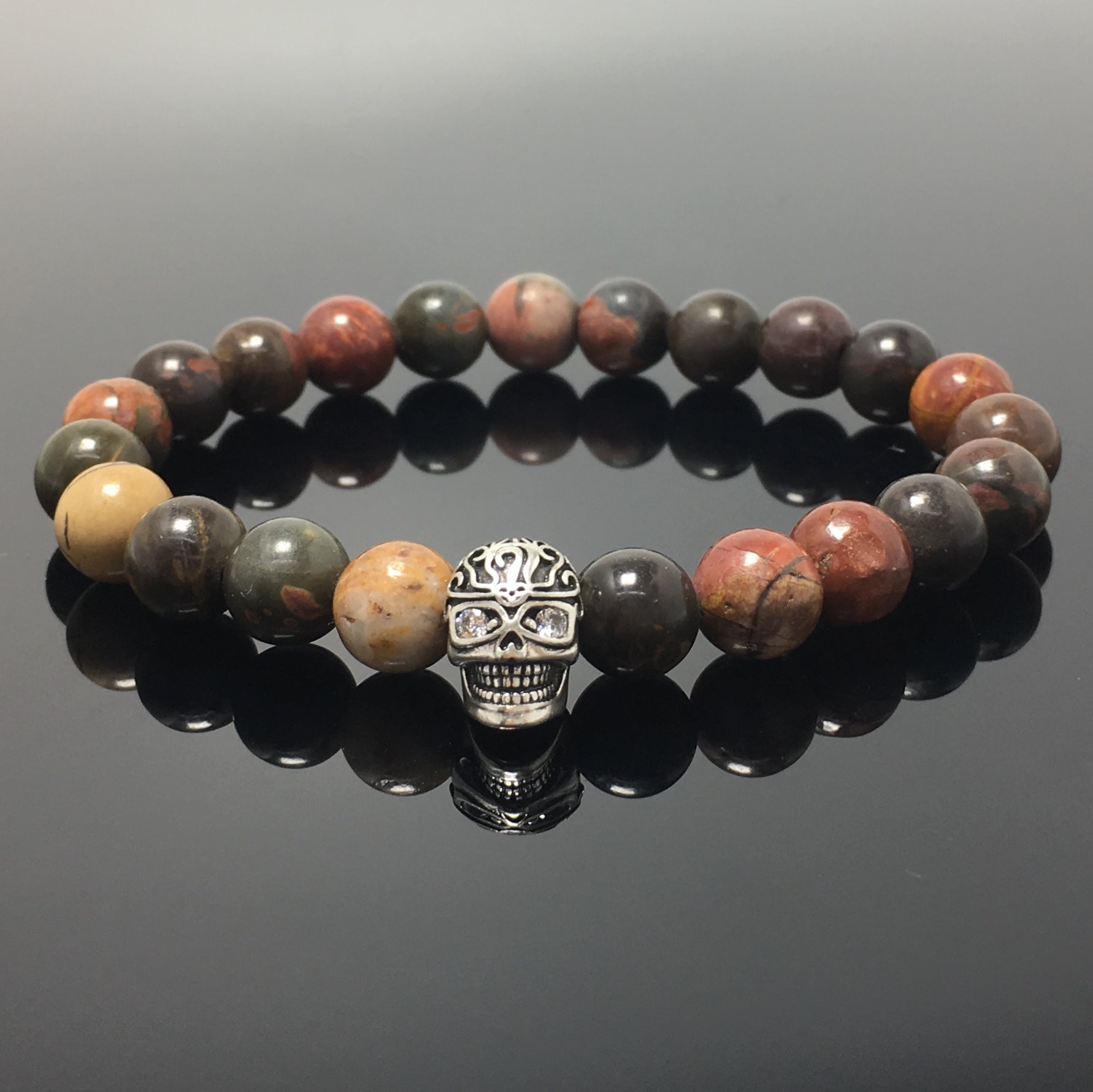 Gemstone Beaded Picasso Stone Elastic Stretch Bracelet Tattoo Skull Design