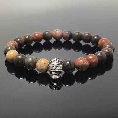 Gemstone Beaded Picasso Stone Elastic Stretch Bracelet Tattoo Skull Design