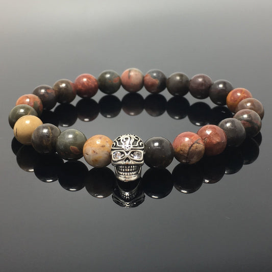 Gemstone Beaded Picasso Stone Elastic Stretch Bracelet Tattoo Skull Design