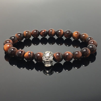 Gemstone Beaded Red Tiger Eye Stone Elastic Stretch Bracelet Tattoo Skull Design