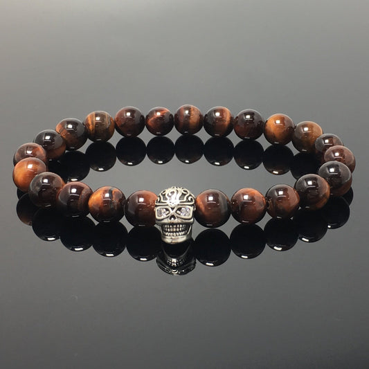 Gemstone Beaded Red Tiger Eye Stone Elastic Stretch Bracelet Tattoo Skull Design