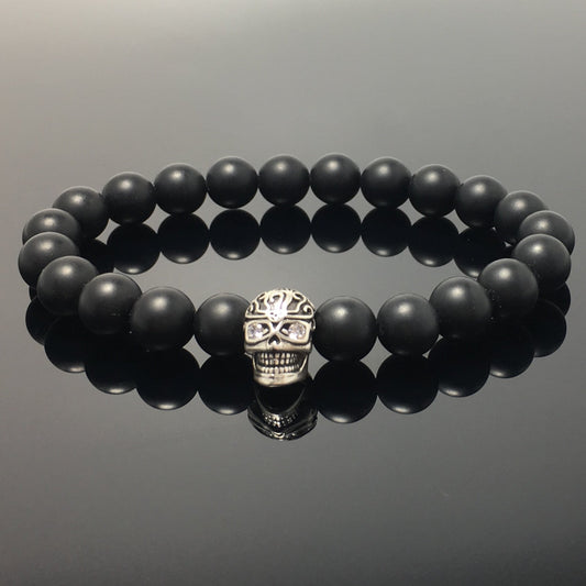 Gemstone Beaded Matte Onyx Stone Elastic Stretch Bracelet Tattoo Skull Design