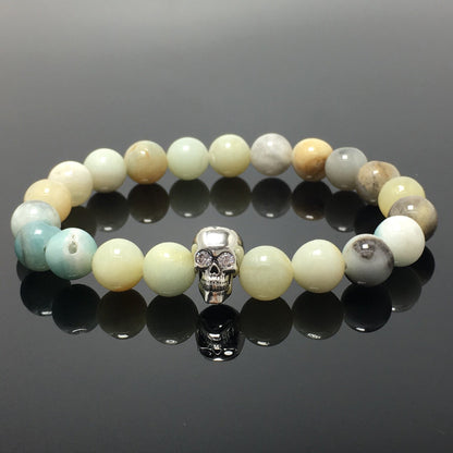 Amazonite Stretch Bracelet with Crystal Skull Semi Precious Gemstone Elastic Beaded Bracelet