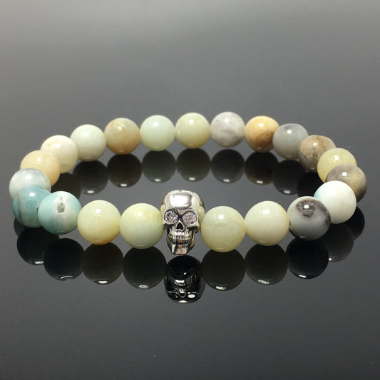 Amazonite Stretch Bracelet with Crystal Skull Semi Precious Gemstone Elastic Beaded Bracelet