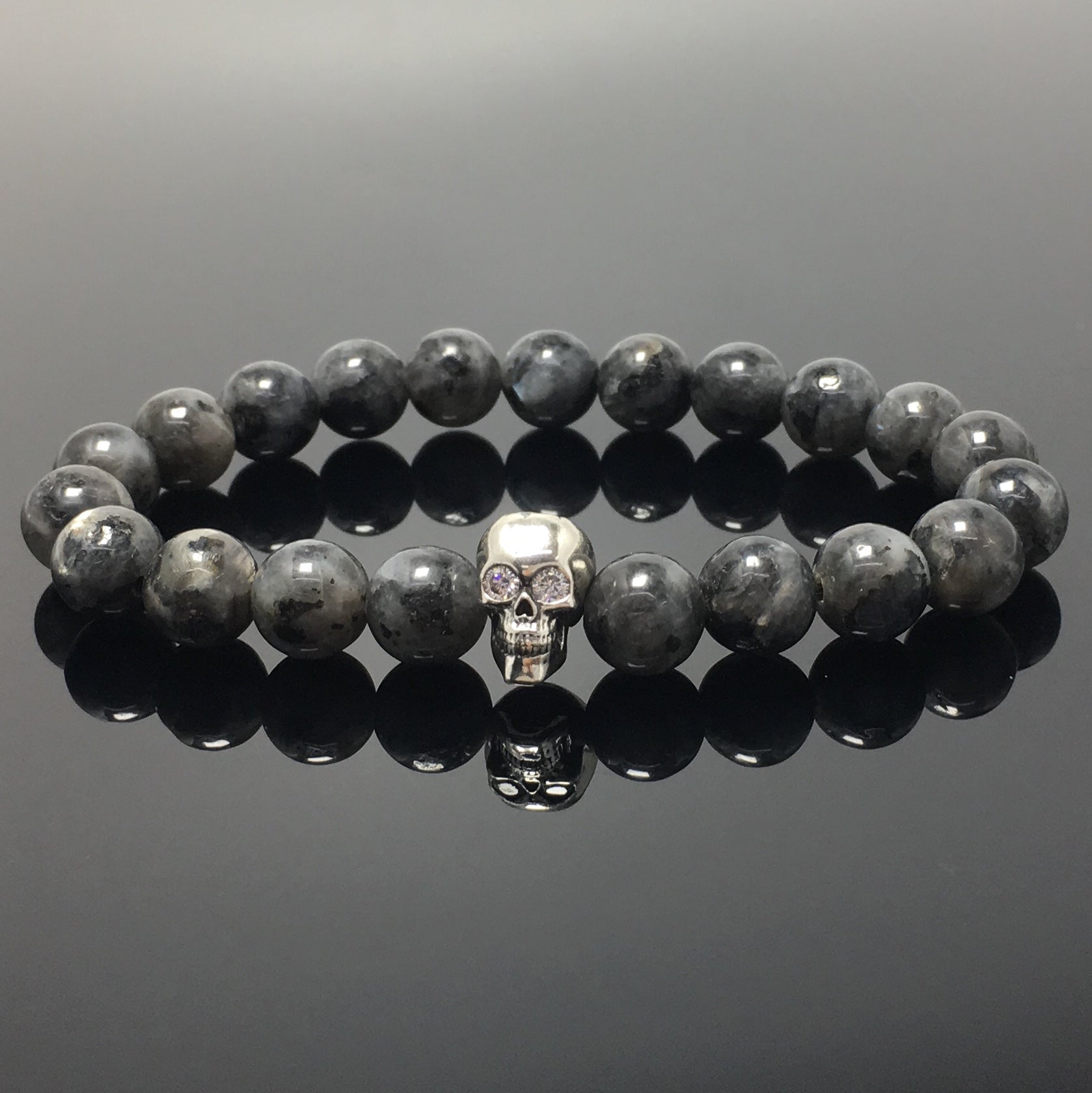 Labradorite Stretch Bracelet with Crystal Skull Semi Precious Gemstone Elastic Beaded Bracelet