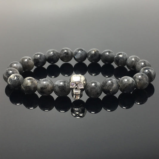 Labradorite Stretch Bracelet with Crystal Skull Semi Precious Gemstone Elastic Beaded Bracelet