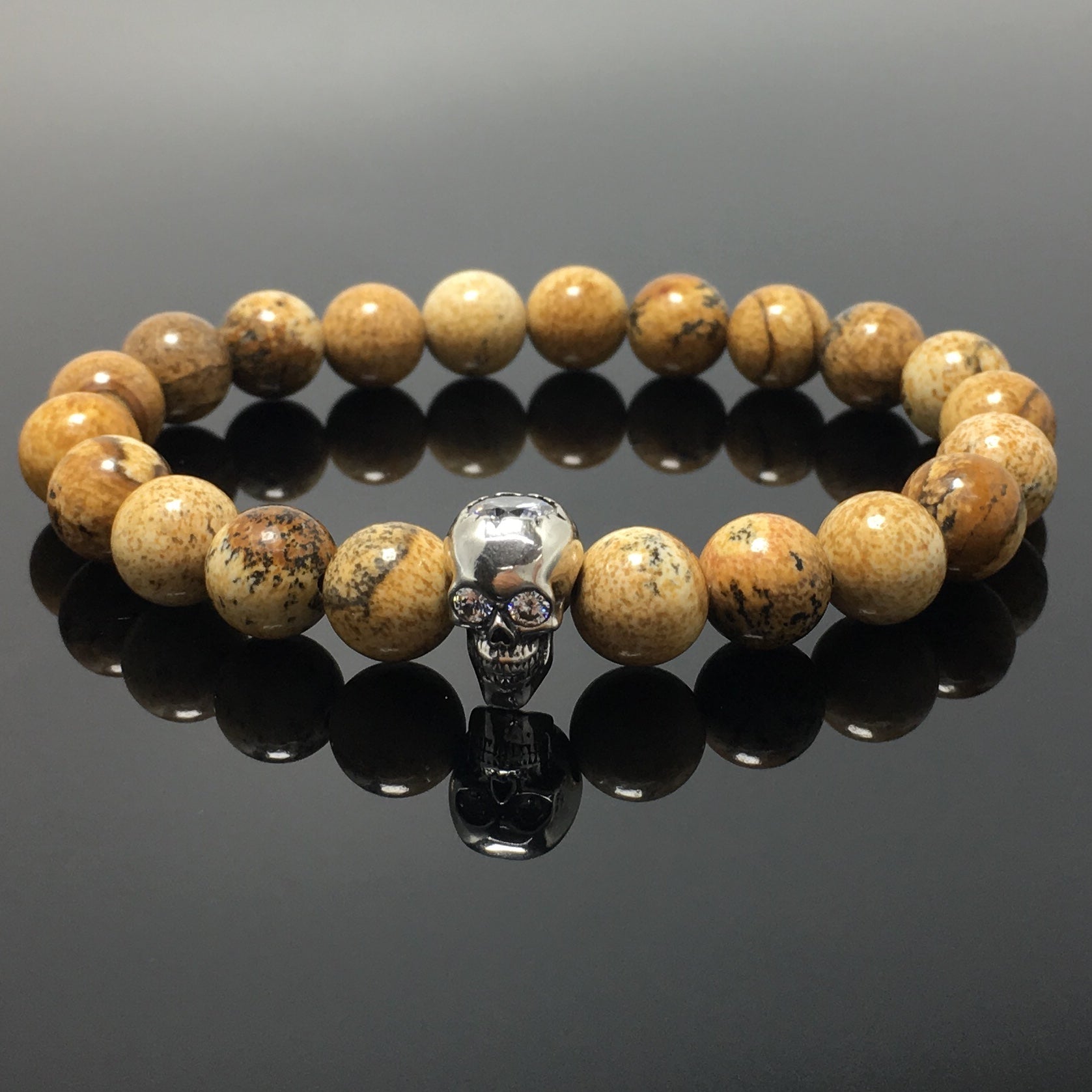 Picture Jasper Stretch Bracelet with Crystal Skull Semi Precious Gemstone Elastic Beaded Bracelet