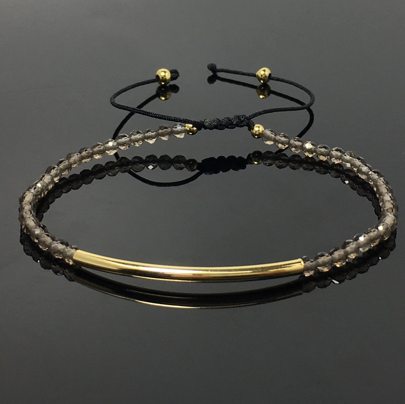 Natural Smoky Quartz Gemstone Braid Rope Macrame Adjustable Bracelet Tiny Beads Gemstone Bracelet with Gold Spacer