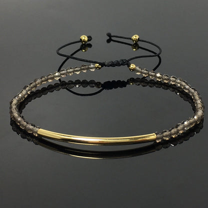 Natural Smoky Quartz Gemstone Braid Rope Macrame Adjustable Bracelet Tiny Beads Gemstone Bracelet with Gold Spacer