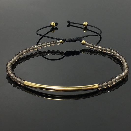 Natural Smoky Quartz Gemstone Braid Rope Macrame Adjustable Bracelet Tiny Beads Gemstone Bracelet with Gold Spacer