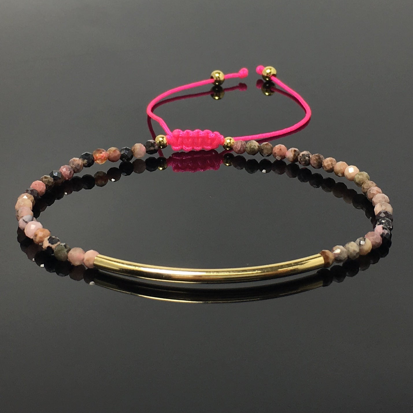 Natural Pink Rhodonite Gemstone Braid Rope Macrame Adjustable Bracelet Tiny Beads Gemstone Bracelet with Gold Spacer