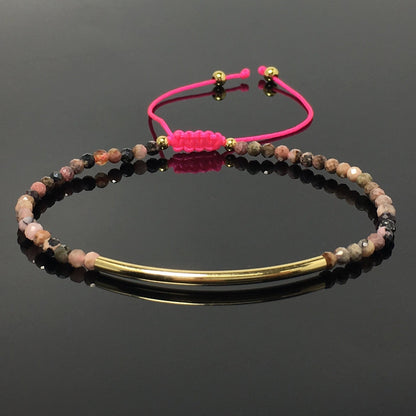 Natural Pink Rhodonite Gemstone Braid Rope Macrame Adjustable Bracelet Tiny Beads Gemstone Bracelet with Gold Spacer
