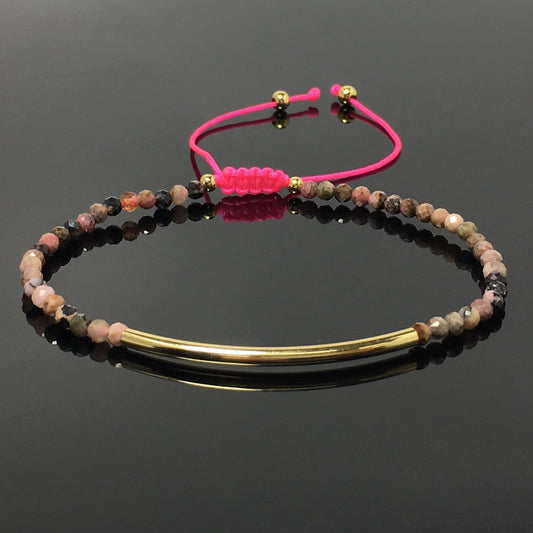 Natural Pink Rhodonite Gemstone Braid Rope Macrame Adjustable Bracelet Tiny Beads Gemstone Bracelet with Gold Spacer