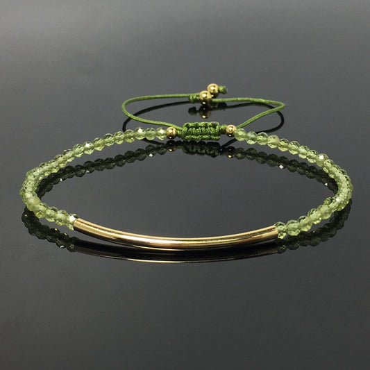 Natural Peridot Gemstone Braid Rope Macrame Adjustable Bracelet Tiny Beads Gemstone Bracelet with Gold Spacer