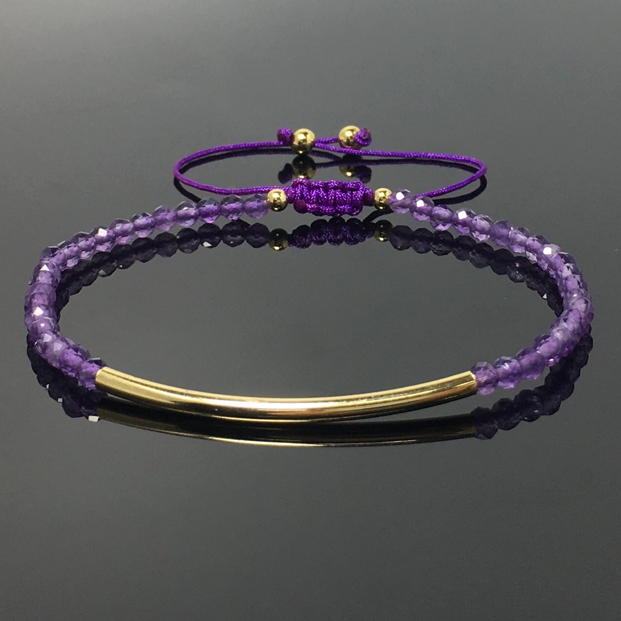 Natural Amethyst Gemstone Braid Rope Macrame Adjustable Bracelet Tiny Beads Gemstone Bracelet with Gold Spacer