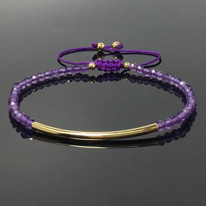 Natural Amethyst Gemstone Braid Rope Macrame Adjustable Bracelet Tiny Beads Gemstone Bracelet with Gold Spacer