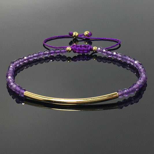 Natural Amethyst Gemstone Braid Rope Macrame Adjustable Bracelet Tiny Beads Gemstone Bracelet with Gold Spacer