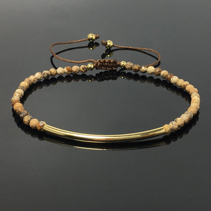 Natural Picture Jasper Gemstone Braid Rope Macrame Adjustable Bracelet Tiny Beads Gemstone Bracelet with Gold Spacer