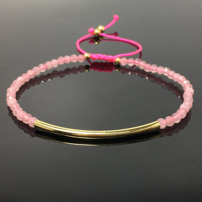 Natural Pink Rose Quartz Gemstone Braid Rope Macrame Adjustable Bracelet Tiny Beads Gemstone Bracelet with Gold Spacer
