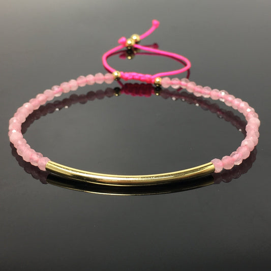Natural Pink Rose Quartz Gemstone Braid Rope Macrame Adjustable Bracelet Tiny Beads Gemstone Bracelet with Gold Spacer