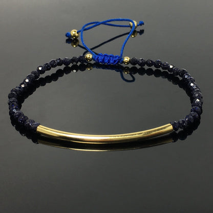 Natural Blue Sandstone Gemstone Braid Rope Macrame Adjustable Bracelet Tiny Beads Gemstone Bracelet with Gold Spacer