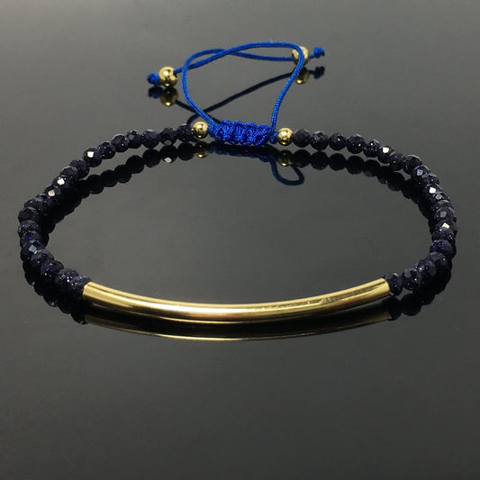 Natural Blue Sandstone Gemstone Braid Rope Macrame Adjustable Bracelet Tiny Beads Gemstone Bracelet with Gold Spacer