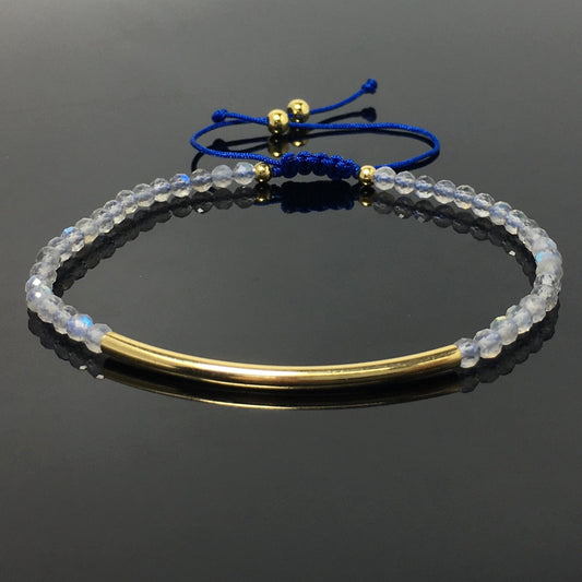 Natural Labradorite Gemstone Braid Rope Macrame Adjustable Bracelet Tiny Beads Gemstone Bracelet with Gold Spacer