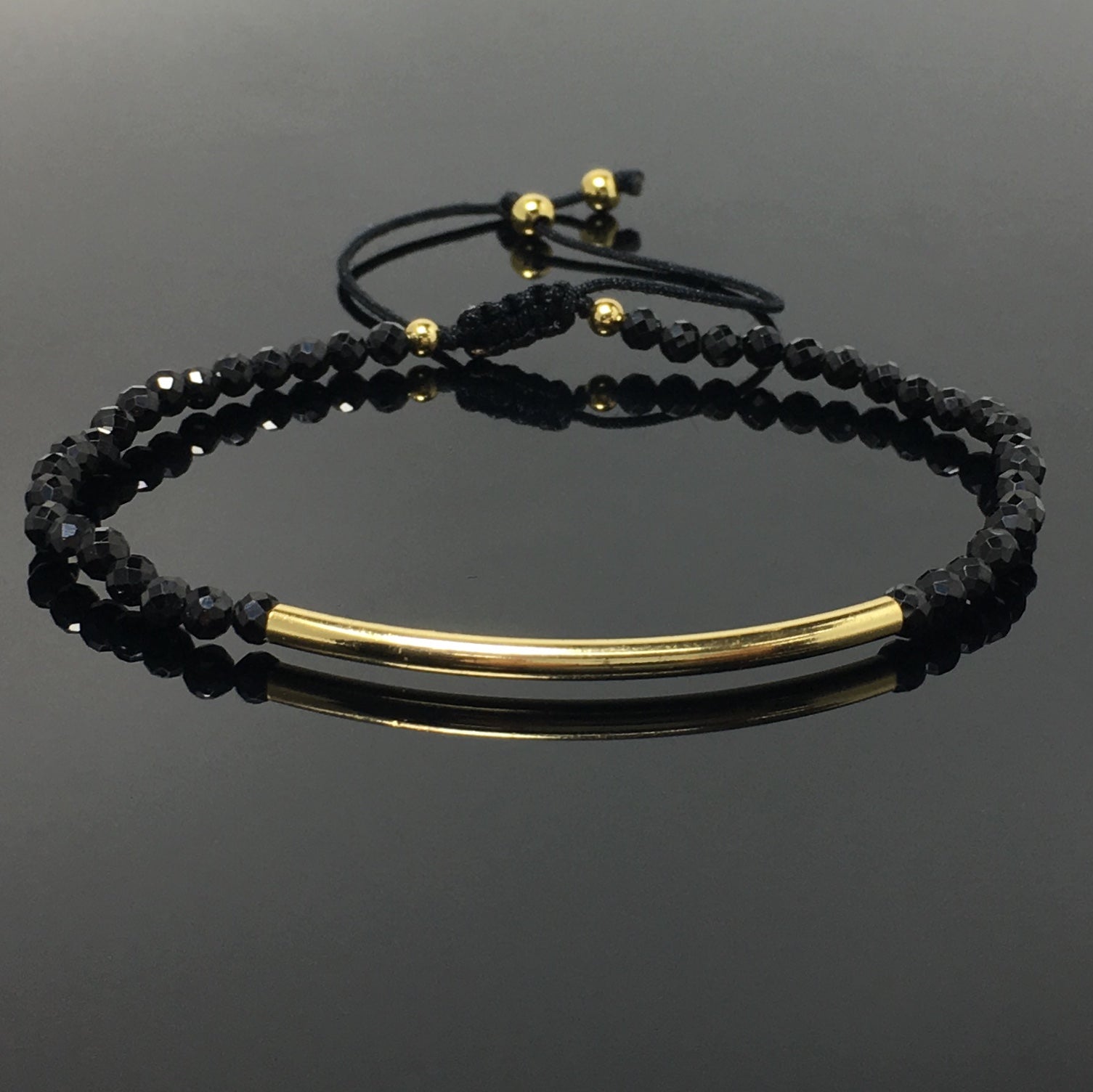 Natural Black Spinel Gemstone Braid Rope Macrame Adjustable Bracelet Tiny Beads Gemstone Bracelet with Gold Spacer