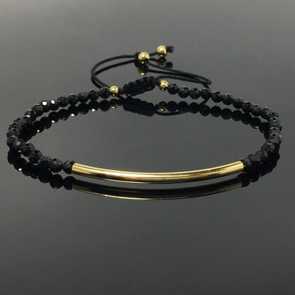 Natural Black Spinel Gemstone Braid Rope Macrame Adjustable Bracelet Tiny Beads Gemstone Bracelet with Gold Spacer