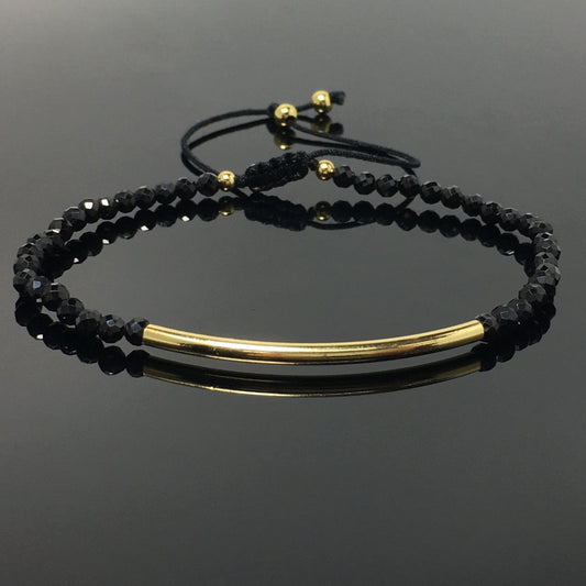 Natural Black Spinel Gemstone Braid Rope Macrame Adjustable Bracelet Tiny Beads Gemstone Bracelet with Gold Spacer